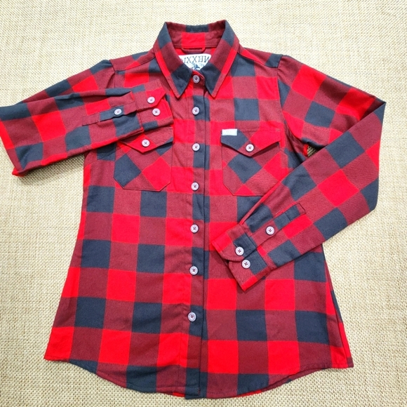 DIXXON Flannel Shirt Fifty Fifty Red Buffalo Gay Plaid Women's Small - Picture 1 of 8